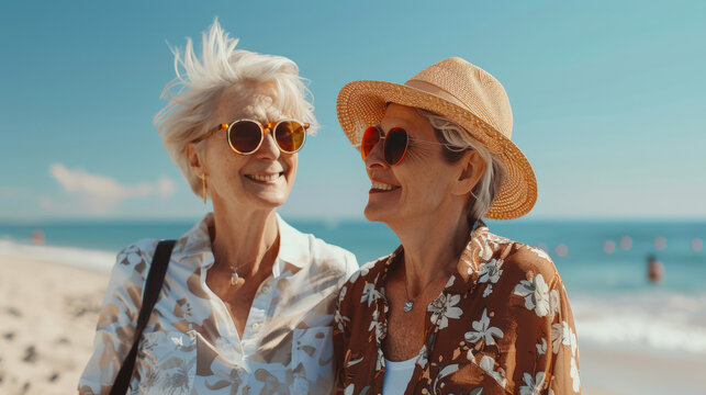 Two women in sunglasses are smiling while standing on the beach. An elderly happy lesbian couple is walking on the seashore. Meeting old girlfriends - Powered by Adobe