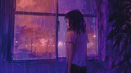 picture of a beautiful anime girl standing infront of the window in the rain night, rain outside of the window, watercolor painting aesthetics, warm relaxing tones