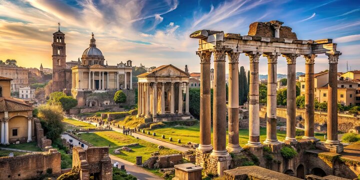Roman Forum ruins with iconic ancient columns and structures, ancient, Rome, history, architecture, Roman Forum, ruins