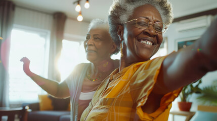 Two black lesbian grannies are having fun dancing in the living room. A candid portrait of two elderly smiling women