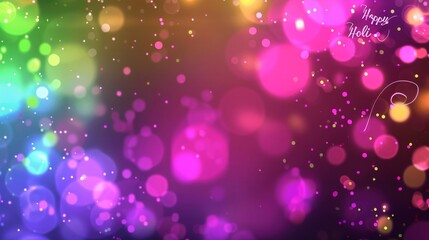 Bokeh effect background with vibrant Holi colors and dreamy 'Happy Holi'