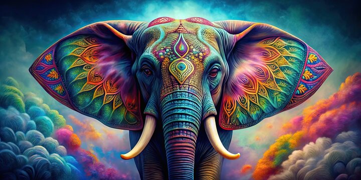 Majestic elephant with colorful boho mandala ears in vibrant hues , elephant, majestic, boho, mandala, intricate, ears, vibrant