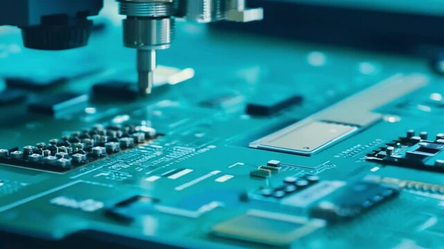 A blue computer chip is being etched by a machine. Concept of precision and technology, as the machine carefully etches the chip with a fine point