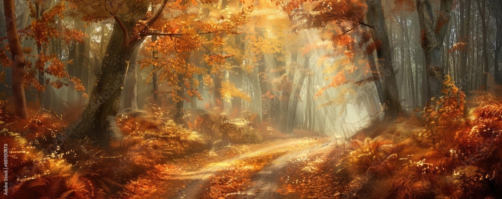 Poster sunlight filters through autumn trees in a serene forest path, covered with fallen leaves, creating 