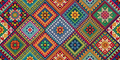 Modern geometric shapes blend seamlessly with traditional patterns in vibrant colors, aspect ratio 11, geometric