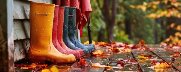 Colorful rain boots lined up on a wooden deck surrounded by fallen autumn leaves, creating a cozy and vibrant fall scene.