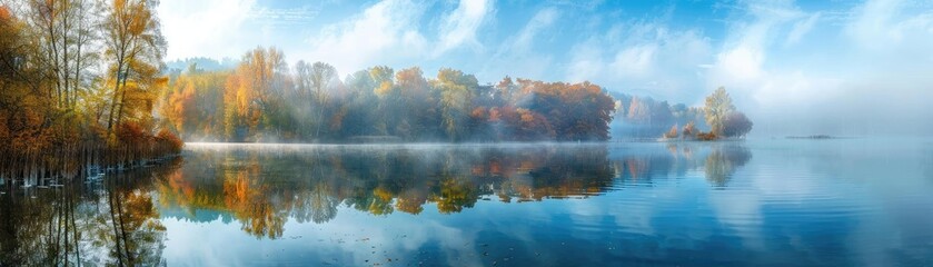 Serene autumn lake with colorful foliage, reflecting trees, blue sky, and misty horizon. Perfect for nature and landscape photography.