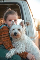 Girl hugging dog in truck bed