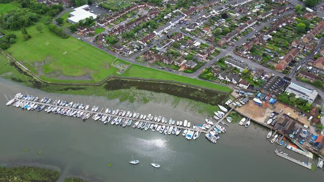 Aerial Footage of Central Fareham town at the north west tip of Portsmouth Harbour, between the cities of Portsmouth and Southampton in south east Hampshire, England. Great Britain. 