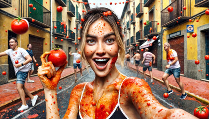Fun Woman Taking a Selfie At La Tomatina Festival Celebration On The Street People Fighting With Tomatoes In The Background