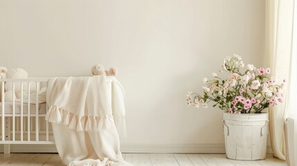 Spring pastel flowers beside baby bed in white nursery with copy space Chic baby bed by light wall in kids room interior Floral bucket