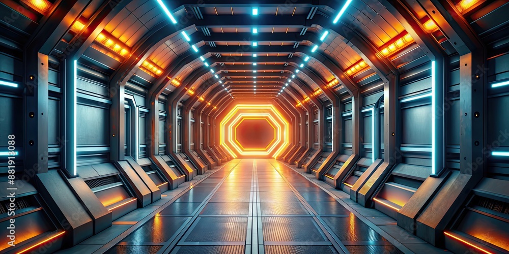 Poster Futuristic tunnel with orange glowing light in center, futuristic, tunnel, orange, glowing, light, center