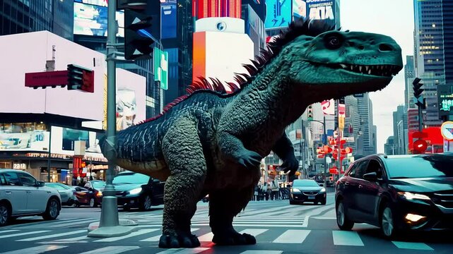 Dinosaur Roaming Through Busy City Street with Ai generated.
