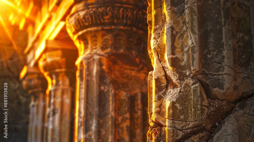 Wall mural close-up of ancient stone columns with warm sunlight. an ancient ruin's detail. the scene is enriche