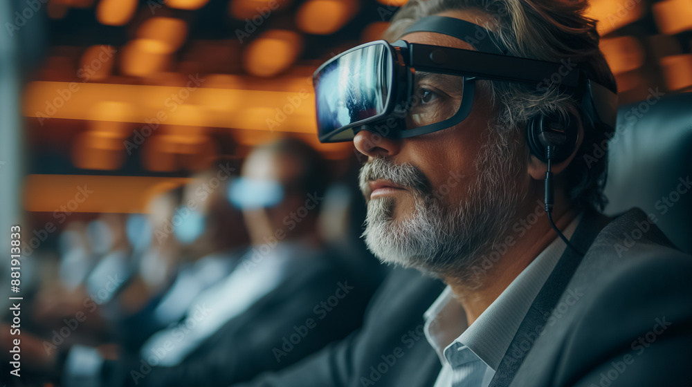 Poster modern business meeting with holographic projections of remote attendees, real-time collaboration an