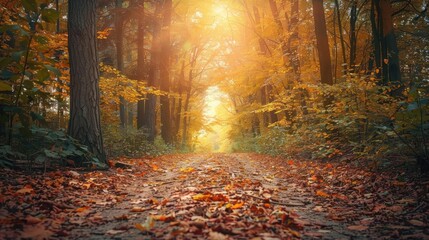 Fototapeta premium A serene autumn forest path bathed in warm sunlight, covered with fallen leaves and surrounded by colorful foliage.