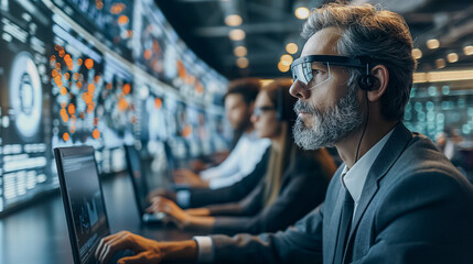 Modern business meeting with holographic projections of remote attendees, real-time collaboration and data sharing via augmented reality glasses.