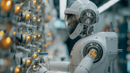 Fototapeta premium Scientists in a state-of-the-art laboratory, employing advanced robotics and AI algorithms to conduct experiments and analyze data, innovative research setting.