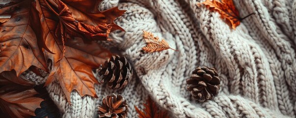 Warm knitted sweater with autumn leaves and pine cones, evoking cozy and seasonal fall vibes in a natural setting.