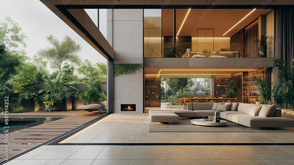 Poster modern smart home with central ai system, and lighting adjusting automatically, advanced interconnec