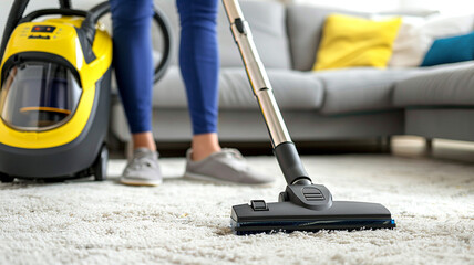 a vacuum cleaner cleaning a carpet in a living room.