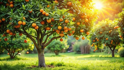 Fototapeta premium Orange tree in a lush green garden bathed in sunlight, orange tree, garden, sunlight, nature, outdoor, vibrant, leaves