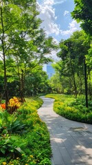 Fototapeta premium Lush Green Sidewalk Surrounded by Vibrant Flora: The Ideal Choice for Sustainable Urban Planning and Eco-friendly Cityscapes