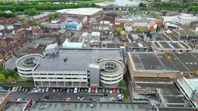 Aerial Footage of Central Fareham town at the north west tip of Portsmouth Harbour, between the cities of Portsmouth and Southampton in south east Hampshire, England. Great Britain. 