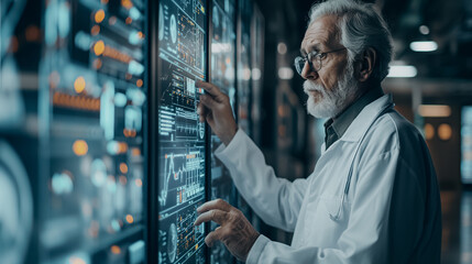 Doctors using AI-powered diagnostic tools in a hospital, analyzing patient data and providing treatment recommendations on advanced digital screens, high-tech medical environment.