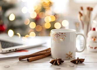 Christmas themed coffee mug with cinnamon and closeup view