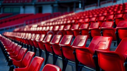 Obraz premium Seats of red tribune on sport stadium. empty outdoor arena 