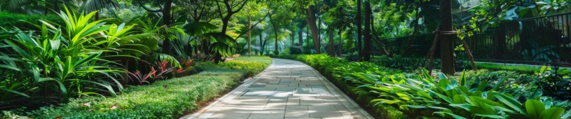 Fototapeta premium Lush Green Sidewalk Surrounded by Vibrant Flora: The Ideal Choice for Sustainable Urban Planning and Eco-friendly Cityscapes