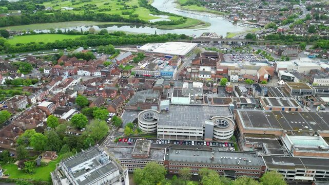 Aerial Footage of Central Fareham town at the north west tip of Portsmouth Harbour, between the cities of Portsmouth and Southampton in south east Hampshire, England. Great Britain. 