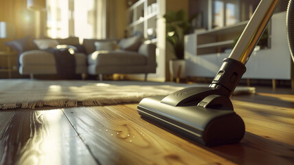 a vacuum cleaner cleaning a wood floor in a living room