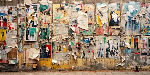 Fototapeta premium Torn posters collage on a grungy urban wall , urban, grunge, street art, ripped paper, weathered, vandalism, colorful
