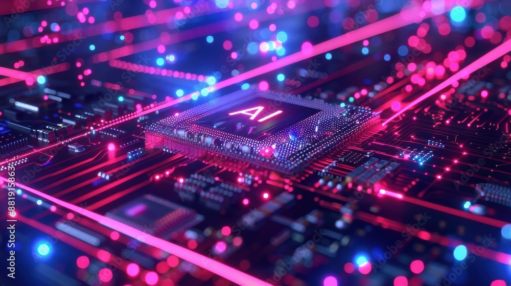 Poster 3d illustration of a microprocessor on a circuit board with neon lights