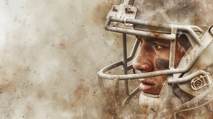 Close-up of a focused American football player with dirt-splattered helmet and faceguard, ready for action on the field.