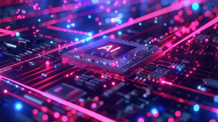 Obraz premium 3d illustration of a microprocessor on a circuit board with neon lights