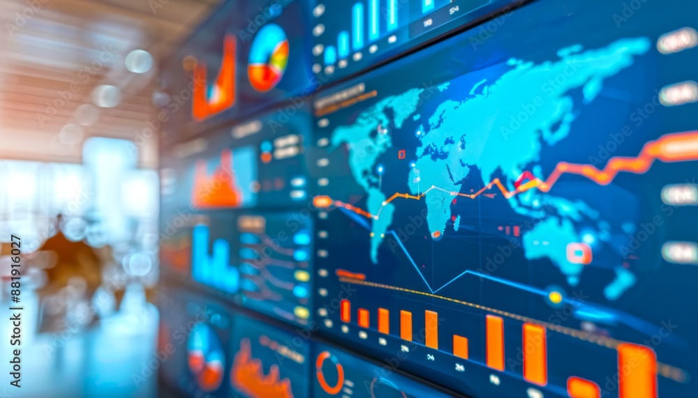 Poster stock market data analysis concept with multiple interactive financial graphs displayed on modern di