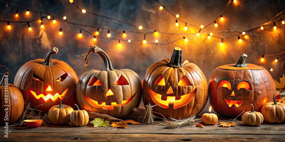 Canvas Prints Halloween decorations featuring an array of spooky Jack-o'-Lanterns , Halloween, decorations, Jack-o'-lanterns, pumpkins