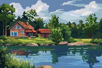 Obraz premium Pixel art promoting water conservation: A lakeside family recognizes the importance of water conservation for a sustainable future, World Environment Day holiday theme.
