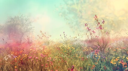 Ethereal rainbow spectrum crossing a wild grassy meadow in soft daylight. 