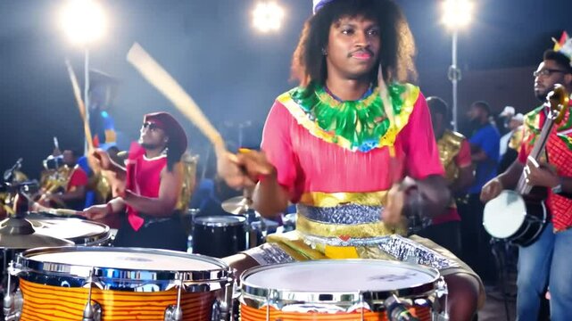 Carnival music played on drums by colorfully dressed musicians