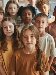 Obraz premium Group of kids standing side by side, possibly after a fun activity or waiting in line