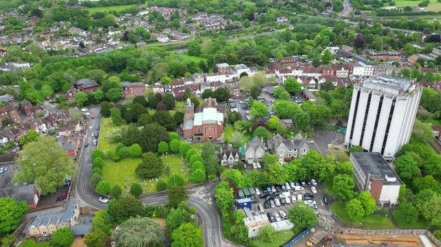 Aerial Footage of Central Fareham town at the north west tip of Portsmouth Harbour, between the cities of Portsmouth and Southampton in south east Hampshire, England. Great Britain. 