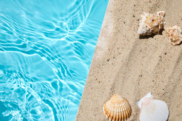 Obraz premium Shells by the Pool. Seashells on sandy edge beside crystal clear blue water.