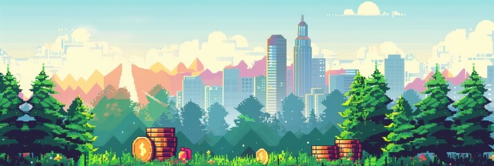 Pixel Art Landscape Illustration Combining Outdoor Scenery with Elements of Business Growth and Financial Progress for a Dynamic Corporate Vision.