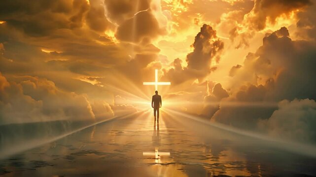 church concept: worship and praise. Heavenly spirit. Human walking on clouds to gate of heaven. Angel in sky clouds. Hope and believe concept of god. 4k video