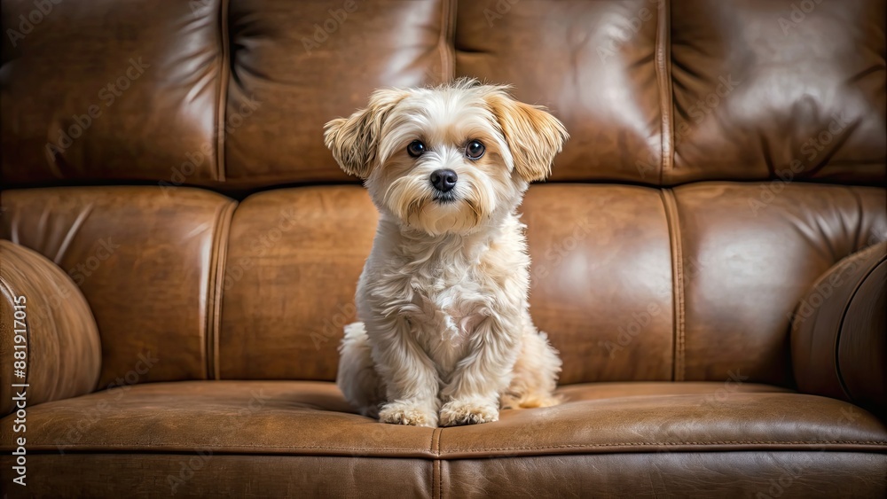 Wall mural Small fluffy dog sitting on a brown sofa, looking peacefully at the camera , woolly, domestic animal, pet, canine, furry