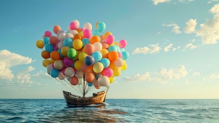 Boat with colorful balloons floating in the sea. 3d render
